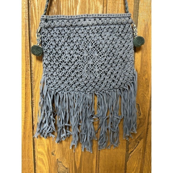 Bohemian long crossbody crochet fringed purse with Pom poms - Picture 4 of 7